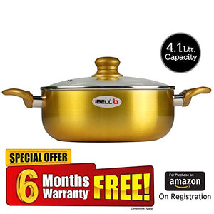 iBELL CS24C Ceramic Casserole 4.1 litres with Glass Lid, Induction & Gas Compatible Cookware, 2.5mm Thickness, 3 Layer Ceramic Interior, Golden Finish