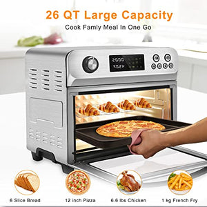 ZOKSUN Air Fryer Convection Toaster Oven Combo 26 QT Large 10-in-1 Digital Countertop Stainless Steel Ovens, Interior LED Double AirSpeed Convection Fans 1700W Silver