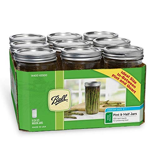 Ball Wide Mouth Pint and Half Glass Mason Jars with Lids and Bands, 24-Ounces, 9-Count
