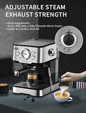 Gevi Espresso Machine 15 Bar Pump Pressure, Cappuccino Coffee Maker with Milk Foaming Steam Wand for Latte, Mocha, Cappuccino, 1.5L Water Tank, 1100W, Black
