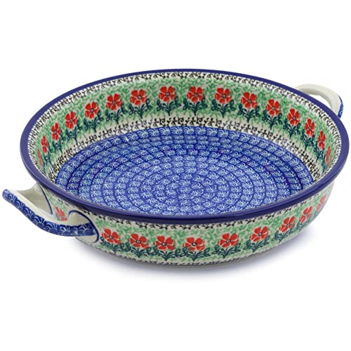 Polish Pottery 11-inch Round Baker with Handles made by Ceramika Artystyczna (Maraschino Theme) + Certificate of Authenticity