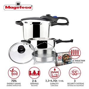 Magefesa® Favorit Six Super-Fast pressure cooker, 3.2 + 6.3 Quart, stainless steel, suitable induction, heat diffuser bottom, 5 safety systems SPECIAL EDITION (Steam basquet + Lid + Recipe book)