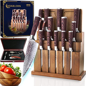 German Stainless Steel Forged Knife Block Set, HOABLORN Acacia Knife set Series AK01. Global Kitchen Knife set of 15 Pcs and 5Pcs Professional Wine Set.Perfect Gifts for Family Kitchen or Chefs