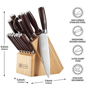 PAUDIN Knife Set, 14 Pieces Kitchen Knife Set, Ultra Sharp High Carbon Stainless Steel Knife Set for Kitchen with Block, Chef Knife set with Honing Steel, Kitchen Scissors and 6 Pcs Steak Knives