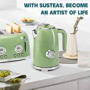 SUSTEAS Electric Kettle, 57oz Hot Tea Kettle Water Boiler with Thermometer, 1500W Fast Heating Stainless Steel Tea Pot, Cordless with LED Indicator, Auto Shut-Off & Boil Dry Protection, Retro Green