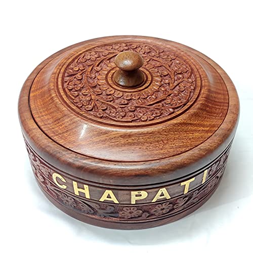 Handmade Rose Wood Chapati Box Hot Pot Casserole Dish with Lid, Tortilla Bread Chapati Keeper/Warmer Engraved Unique Design Wooden Chapati Box
