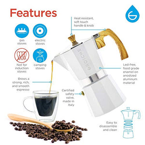 GROSCHE Milano Stove top espresso maker (9 espresso cup size 15.2 oz) White, and battery operated milk frother bundle for lattes
