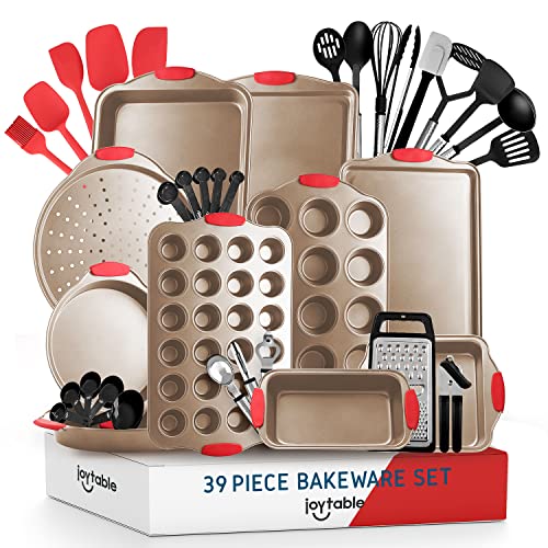 JoyTable Baking Pans Set - 39PC Baking Set with Silicone Handles, Durable Steel Baking Sheets for Oven, BPA Free Bakeware Sets, Oven Safe Cookie Sheets for Baking Nonstick Set with Utensils - Brown