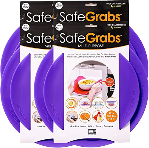 Safe Grabs: Multi-Purpose Silicone Original Microwave Mat as Seen on Shark Tank | Splatter Guard, Trivet, Hot Pad, Pot Holder, Minimize Mess (BPA Free, Heat Resistant, Dishwasher Safe) 4-Pack, Purple
