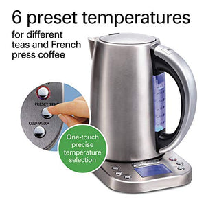 Hamilton Beach Professional Digital LCD Variable Temperature Control Electric Tea Kettle, Water Boiler & Heater, 1.7L, Cordless, Auto-Shutoff & Boil-Dry Protection, Silver (41028)