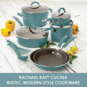 Rachael Ray Cucina Nonstick Cookware Pots and Pans Set, 12 Piece, Agave Blue & Cucina Nonstick Bakeware Set with Grips includes Nonstick Bread Pan - 5 Piece, Latte Brown with Agave Blue Handle Grips