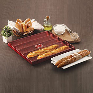 HAZEL Long French Bread Tray Heavy Gauge (16"x15") Aluminized Steel Non Stick Loaf Subway Mould Baguette Mold for Microwave Oven OTG Baking Pan, Red
