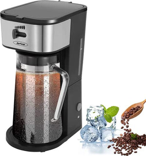 Iced Coffee & Tea Maker with 3 Quart Glass Pitcher, Multi-Use Coffee Maker for Coffee Pod Bag/Ground Coffee, Ice Tea Maker with One-Touch Button Fast Brew Auto Shut Off, Silver