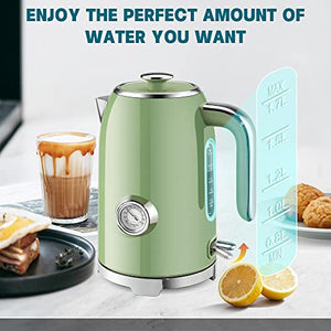SUSTEAS Electric Kettle, 57oz Hot Tea Kettle Water Boiler with Thermometer, 1500W Fast Heating Stainless Steel Tea Pot, Cordless with LED Indicator, Auto Shut-Off & Boil Dry Protection, Retro Green