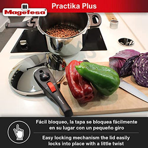 Magefesa® Practika Plus Super Fast pressure cooker, 8 Quart, 18/10 stainless steel, suitable induction, excellent heat distribution, 5-layer encapsulated heat diffuser bottom, 5 safety systems