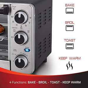 Toaster Oven 4 Slice, Multi-function Stainless Steel Finish with Timer - Toast - Bake - Broil Settings, Natural Convection - 1100 Watts of Power, Includes Baking Pan and Rack by Mueller