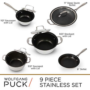 Wolfgang Puck 9-Piece Stainless Steel Cookware Set; Scratch-Resistant Non-Stick Coating; Includes Pots, Pans and Skillets; Clear Lids and Cool Touch Handles, Extra-Wide Rims for Easy Pouring