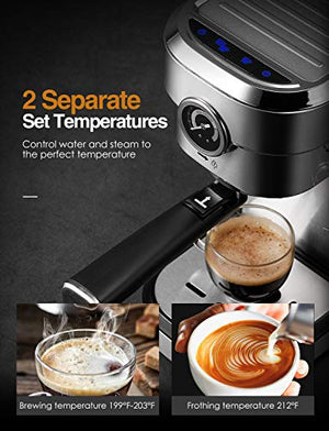 Espresso Machine, 15 Bar Espresso and Cappuccino Maker with Milk Frother Wand, Built in Pressure Gauge, Double Temperature Control, Brushed Stainless Steel, Professional Espresso Coffee Machine for Cappuccino and Latte