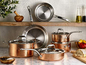 Lagostina Martellata Tri-ply Hammered Copper 11 PC Pots and Pans Cookware Set, Copper