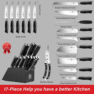 TUO 17pcs Knife Set With Block,Kitchen Knives Set,Knives Block Set With Knife Sharpener,German HC Steel Ergonomic Pakkawood Handle Gift Box Cutlery, Fiery Phoenix Series - Black