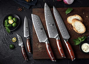 XINZUO 7PC Kitchen Knife Set with Block Wooden, Professional Damascus Steel Chef Knife Santoku Bread Utility Fruit Knife with Multifunctional Kitchen Shears,Ergonomic Rosewood Handle- Yi Series