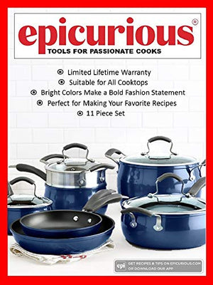 Epicurious Cookware Classic Collection- Induction Dishwasher Safe Oven Safe Non-stick, 11 Piece Aluminum Blue Cookware Set