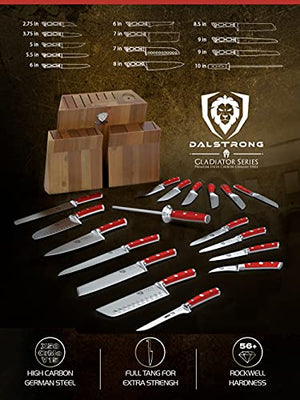 DALSTRONG Knife Set Block - 18-Pc Colossal Knife Set - Gladiator Series - German HC Steel - Red ABS Handles - Acacia Wood Stand - NSF Certified