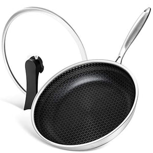 MICHELANGELO Stainless Steel Frying Pan with Lid, Pro Triply Stainless Steel 12 Inch Frying Pan with Nonstick Honeycomb Coating, Large Frying Pan, Steel Fry Pan With Lid, Induction Compatible
