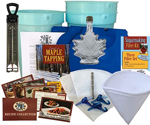 Ultimate Maple Tree Tapping Kit (3) Taps with Hooks (3) 3 Gallon Sap Buckets with Lids, Drill Bit, (3) Filters Set, Thermometer, Glass Syrup Bottle, 80 Page How-To Maple Tapping Book, Recipe Cards