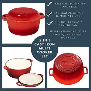 2 in 1 Enameled Cast Iron Double Dutch Oven & Skillet Lid, 5-Quart, Fire Red - Induction, Electric, Gas & In Oven Compatible