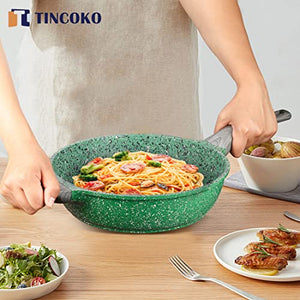 TINCOKO Nonstick Deep Frying Pan with Lid - 11" Green Granite Coating Non-stick Fry Skillet, Die-Cast Aluminum Alloy Jumbo Cooker, Non Toxic APEO & PFOA Free