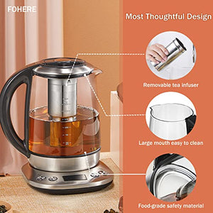 Electric Kettle, FOHERE Electric Tea Kettle with Temperature Control, 6 Presets, 2Hr Keep Warm, Removable Tea Infuser, Stainless Steel Glass Boiler, BPA Free, 1.7L