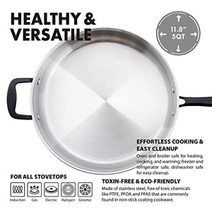 GrandTies Tri-Ply Stainless Steel Saute pan Induction Cookware – 5 QT 12 Inch Capsule Bottom Stainless Steel Pan, Marquina Black Metal Handle Kitchen Cooking Pan with Lid, Dishwasher Safe Pot & Pan