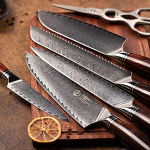 YARENH Damascus Chef Knife Set 8 Piece - with Block Wooden and Sharpener Stone - Japanese High Carbon Stainless Steel - Full Tang Dalbergia Wood Handle - Professional Kitchen Knife Set Sharp