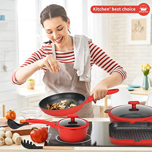 Kitchen Cookware Sets, imarku 16-Piece Granite Coating Nonstick Pots and Pans Set Induction Cookware Sets with Cooking Pot and Pan Set Scratch Resistant, Red