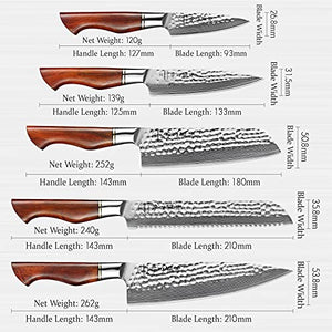 HEZHEN Kitchen Knife Set- 5PC,Sharp Pro Boxed Knives Sets, Premium Powder Steel Forged Damascus Knife Set, Natural Rosewood Handle, Home Cooking Or Restauran- Master Hammered Finish Series