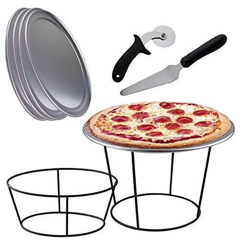 Pizza Accessories Set- 4 Pizza Riser Stands for Tables, 4 Pizza Serving Tray Pans 12 Inch, 4 Pizza Spatula Pie Servers, 1 Pizza Wheel Cutter