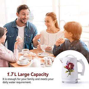 Ceramic Electric Tea Kettle, 1.7L Large Capacity Teapot, with Rose Flower Pattern, Automatic Power Off, 1350W Fast Boiling, for Tea Coffee, with Safty Heating Base + Lid + 2 Cups
