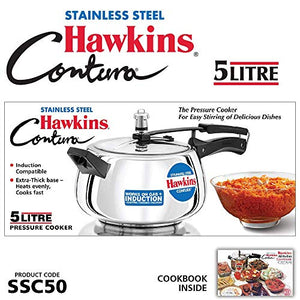 HAWKINS Hawkins Stainless Steel Contura Induction Compatible Pressure Cooker, 5 Litre, Silver (SSC50), Medium