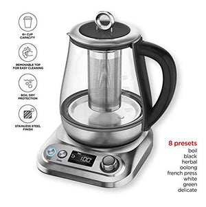 Chefman Digital Electric Glass Kettle, No.1 Kettle Manufacturer, Removable Tea Infuser Included, 8 Presets & Programmable Temperature Control, Auto Shutoff, Water Filter, 6+ Cup Capacity, 1.5 Liter