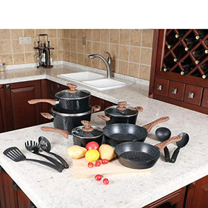 Hterepi Kitchen Academy 15 Piece Nonstick Granite-Coated Cookware Set Suitable for All Stove Including, Dishwasher Safe - Black Hammered Style