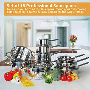 Cookware Set - 15 Piece Use With Any Stove Or Oven Non-Stick Kitchen Cookware Set Superior Stainless Steel Nonstick Pots and Pans Set Dishwasher Safe From Jean Patrique