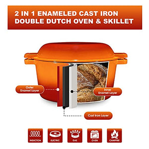 2 in 1 Enameled Cast Iron Double Dutch Oven & Skillet Lid, 5-Quart, Induction, Electric, Gas & In Oven Compatible, Enameled Pumpkin Spice
