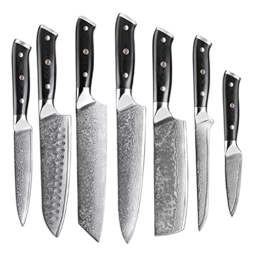 YIKXCF 7PCS Pro Kitchen Knife Sets Japanese Damascus Steel Knives Best Chef Knife Set With Excellent Acacia Wood/Knife Set BlocK (Color : Light Grey)