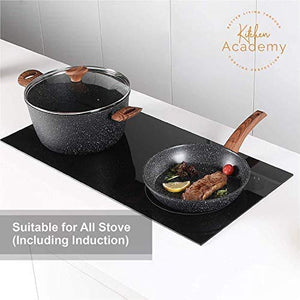 Hterepi Kitchen Academy 15 Piece Nonstick Granite-Coated Cookware Set Suitable for All Stove Including, Dishwasher Safe - Black Hammered Style