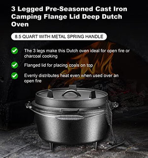 Bruntmor, 3 Legged Pre-Seasoned Cast Iron Camping Flange lid Deep Dutch Oven, 8.5 Quart w/Metal Handle Pre-Seasoned Camping Cookware