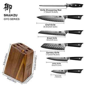 Damascus Kitchen Knife Set, SHAN ZU 7-Piece Professional Knife Sets for Chefs, Japanese AUS-10V Super Steel With G10 Handle Knife Block Set, GYO Series