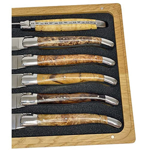 Laguiole en Aubrac Luxury Fully Forged Full Tang Stainless Steel Steak Knives 6-Piece Set, Mixed Burl Wood Handles, Stainless Steel Polished Bolsters