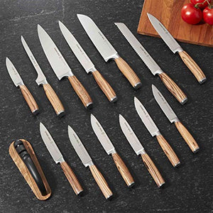 Schmidt Brothers - Zebra Wood, 15-Piece Knife Set, High-Carbon Stainless Steel Cutlery with Zebra Wood and Acrylic Magnetic Knife Block and Knife Sharpener