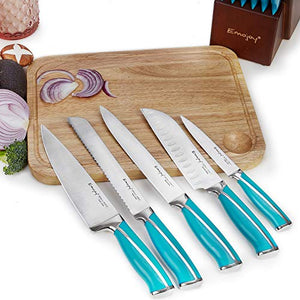 Emojoy Knife Set, 15-Piece Kitchen Knife Set with Block Wooden, Lake Blue Handle for Chef Knife Set, Kitchen Knives Sharpener and Scissors German Stainless Steel